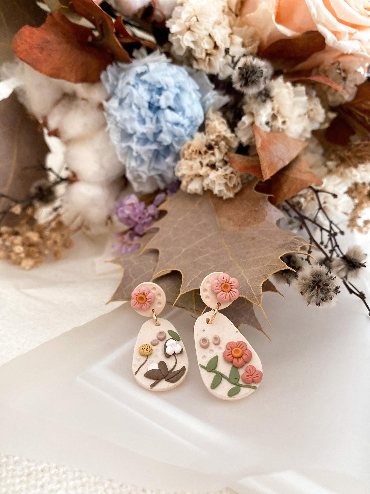 Cotton Flower Petite Drop | Polymer Clay Earrings, Statement Earrings, Handmade Jewelry, Floral Jewelry, Gifts For Her,floral,flower,neutral